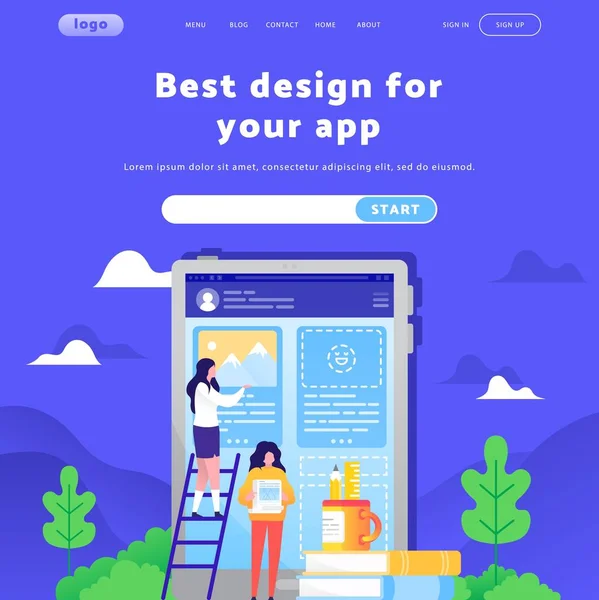 Modelo de design de web site vetorial. Equipe feminina construir aplicativo móvel e site. Conceitos de landing page para desenvolvimento móvel. Ilustração plana moderna — Vetor de Stock