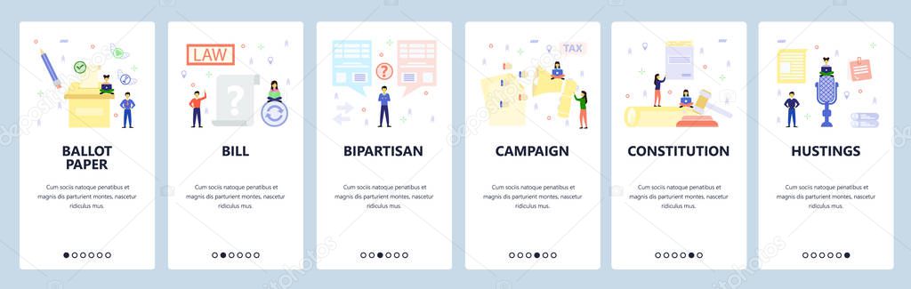 Mobile app onboarding screens. Law and court hammer, marketing campaign, ballot, election. Menu vector banner template for website and mobile development. Web site design flat illustration