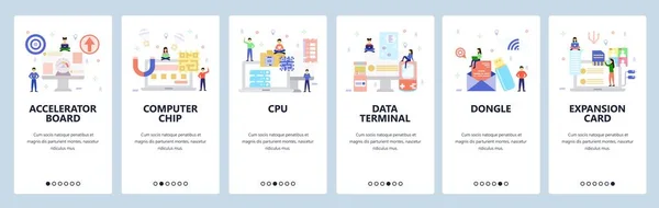 Mobile app onboarding screens.Computer τεχνολογία υλικού, τερματικό δεδομένων, τσιπ υπολογιστών, κάρτα γραφικών, cpu. Πρότυπο banner διάνυσμα για την ιστοσελίδα και την ανάπτυξη κινητών. Εικόνα σχεδίασης ιστοσελίδας — Διανυσματικό Αρχείο