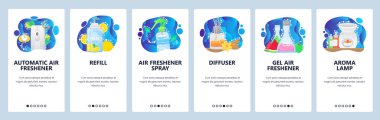 Aroma yayıcı, otomatik oda spreyi, aroma lambası, sprey. Mobil uygulama ekranlarda. Web sitesi ve mobil geliştirme için menü vektör paneli şablonu. Web sitesi tasarımı düz illüstrasyon