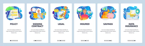 Assinatura de contrato de seguro, proteção de casa, segurança de dados. Telas de onboarding de aplicativos móveis. Modelo de banner vetorial de menu para site e desenvolvimento móvel. Web site design ilustração plana — Vetor de Stock