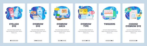 Salon de beauté, cosmétologie, maquillage permanent, cils et teinture des sourcils, pince à épiler. Application mobile sur écrans d'embarquement. Modèle de bannière vectorielle de menu pour le développement de site Web et mobile. Illustration du site Web — Image vectorielle
