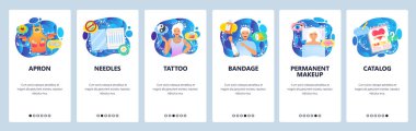 Güzellik salonu, spa, dövme ve kalıcı makyaj stüdyosu, iğneler. Mobil uygulama ekranlarda. Web sitesi ve mobil geliştirme için menü vektör paneli şablonu. Web sitesi tasarımı düz illüstrasyon