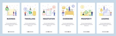 İş ikonları, ofis masası, fazla mesai ücreti, seyahat. Mobil uygulama ekranlarda. Web sitesi ve mobil geliştirme için menü vektör paneli şablonu. Web sitesi tasarımı düz illüstrasyon