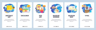 Modern sanat müzesi, popart, tarih sergisi. Mobil uygulama ekranlarda. Web sitesi ve mobil geliştirme için menü vektör paneli şablonu. Web sitesi tasarımı düz illüstrasyon