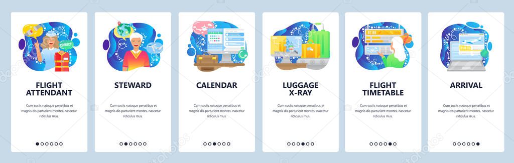Air travel icons, flight attendant, timetable, arrival, luggage, security. Mobile app onboarding screens. Menu vector banner template for website and mobile development. Web site design illustration