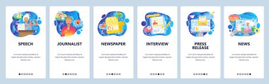 Basın açıklaması, basın toplantısı, televizyon muhabiri. Mobil uygulama ekranlarda. Web sitesi ve mobil geliştirme için menü vektör paneli şablonu. Web sitesi tasarımı düz illüstrasyon