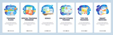 Fitness takip uygulaması, cep telefonunda spor eğitimi planı, fitness aleti. Mobil uygulama ekranlarda. Web sitesi ve geliştirme için menü vektör paneli şablonu. Web sitesi tasarımı düz illüstrasyon