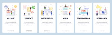 Medya, video yayını, propaganda yayını. Mobil uygulama ekranlarda. Web sitesi ve mobil geliştirme için menü vektör paneli şablonu. Web sitesi tasarımı düz illüstrasyon