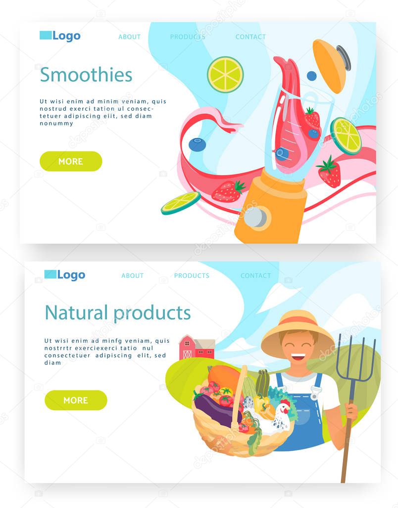 Organic food and drinks. Farmer holds basket with vegetables. Smoothie in blender. Vector web site design template. Landing page website concept illustration.