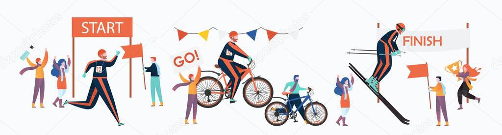Winter triathlon sport championship set, vector illustration. Running race, mountain biking and cross country skiing competition on snow, run-bike-ski event.
