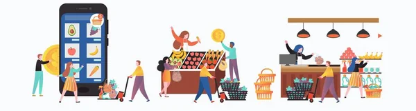 Conjunto de mercado de agricultores de frutas y verduras frescas, ilustración vectorial — Vector de stock