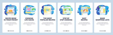 Çevrimiçi mutfak tarifleri. Yemek rehberi, yemek kitabı, malzemeler. Mobil uygulama ekranlarda. Web sitesi mobil geliştirme için menü vektör paneli şablonu. Web sitesi tasarımı illüstrasyonu