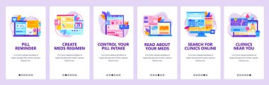 İlaç alımı ve tedavi rejimi. Sağlık kontrolü telefon uygulaması. Tıbbi klinik, sağlık hizmetleri, eczane. Mobil uygulama ekranları. Web sitesi mobil geliştirme için vektör şablonu. Web sitesi tasarımı illüstrasyonu
