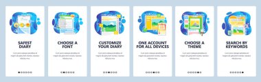Özel online günlük uygulaması. Günlük şablonu, yazı tipi, tema, arama. Mobil uygulama ekranlarda. Web sitesi ve mobil geliştirme için menü vektör paneli şablonu. Web sitesi tasarımı illüstrasyonu