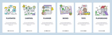 Çocuk parkı aktiviteleri, çocuk kitapları, oyuncaklar, anaokulu ve anaokulu programı. Mobil uygulama ekranlarda. Web sitesi mobil geliştirme için vektör paneli şablonu. Web sitesi tasarımı illüstrasyonu