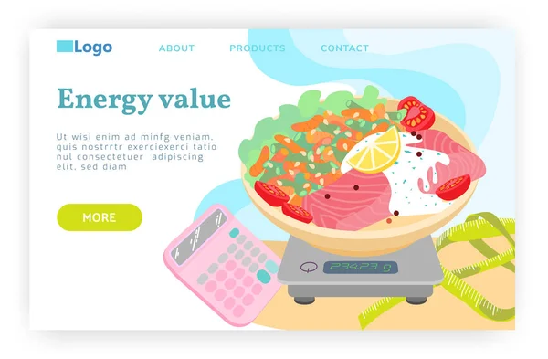 Überprüfen Sie Ihre Mahlzeit auf Waagen. Gesunde Ernährung, kalorienreiche Ernährung. Vector Web-Site-Design-Vorlage. Landing page website konzept illustration — Stockvektor