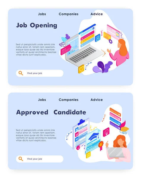 Perfil do empregado e currículo CV. Aplicação de abertura de emprego, educação, informações de habilidades. Tecnologia informática isométrica. Modelo de design de web site vetorial. Ilustração do conceito de site de landing page —  Vetores de Stock