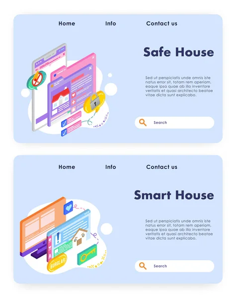 Ev sigortası ve güvenlik. Akıllı ev teknolojisi. Vektör web sitesi tasarım şablonu. İniş sayfası konsepti çizimi. — Stok Vektör