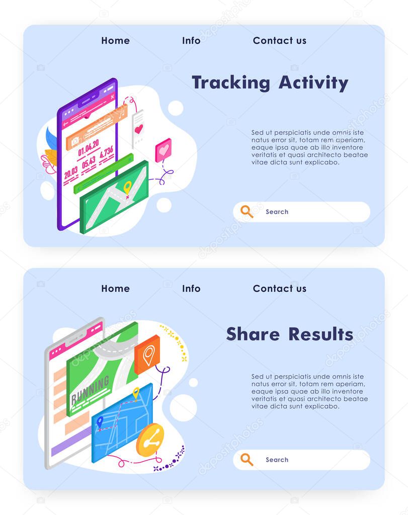 Sport activity tracking and running app. Fitness mobile phone application. Healthy lifestyle. Vector web site design template. Landing page website concept isometric illustration.