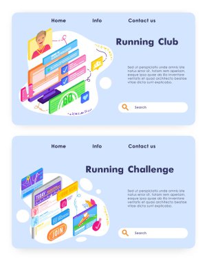 Kulüp cep telefonu uygulaması çalıştırıyorum. Spor fitness müsabakası. Vektör web sitesi tasarım şablonu. İniş sayfası konsepti çizimi.
