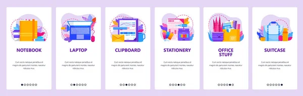 Acessórios de escritório e coisas de negócios. Telas de onboarding de aplicativos móveis. Modelo de banner vetorial de menu para site e desenvolvimento móvel. Desenho do site ilustração — Vetor de Stock