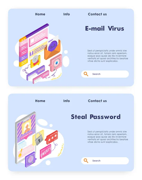 Vírustámadás és rosszindulatú e-mail. Kiberbiztonság, adathalászat és jelszólopás. Biztosított hozzáférés a számlához. Számítógépes technológia Vektor weboldal tervezési sablon. Landing page weboldal izometrikus illusztráció. — Stock Vector