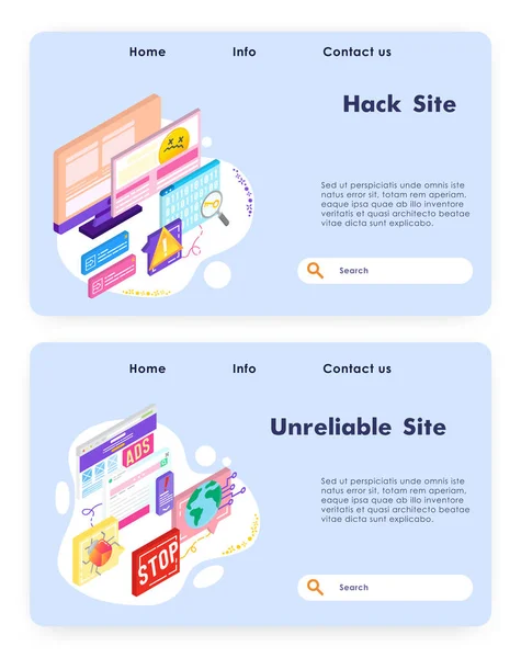 Sito attacco di hacking. Tecnologia di sicurezza informatica. Sito inaffidabile, bug del computer. Modello di design del sito web vettoriale. Landing page concetto di sito web illustrazione isometrica . — Vettoriale Stock