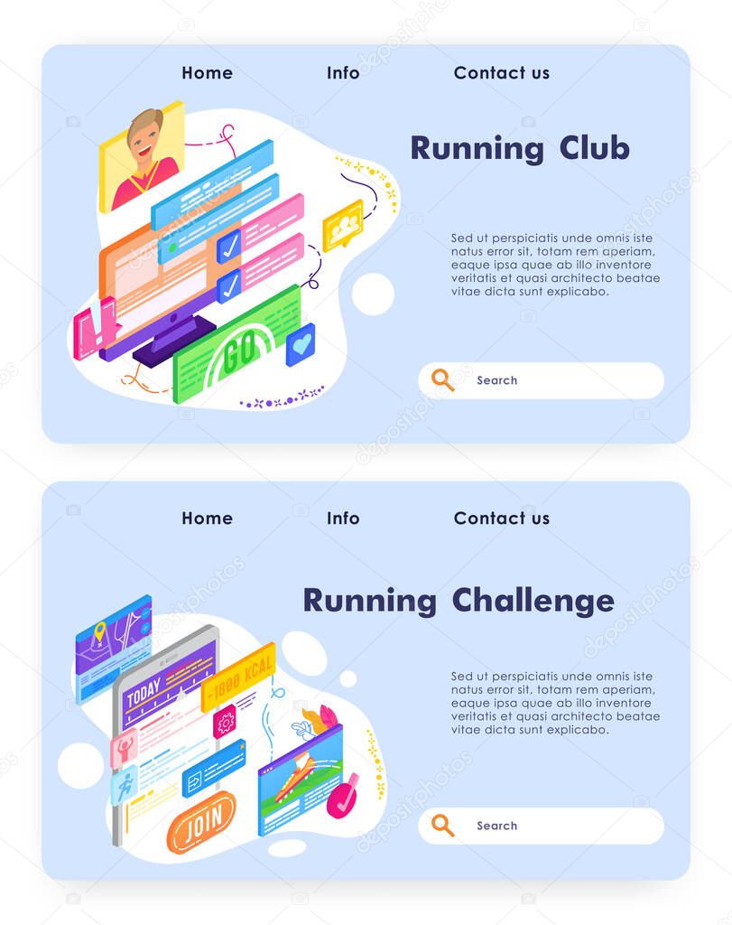 Running club mobile phone app. Sport fitness challenge Run activity tracking. Vector web site design template. Landing page website concept illustration.