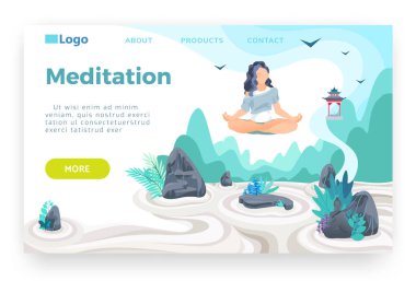 Nilüfer çiçeği pozunda meditasyon yapan ve Japon kayalık bahçesinde gezinen bir kız. Yoga, yaşam dengesi, rahatlama, farkındalık. Vektör web sitesi tasarım şablonu. İniş sayfası konsepti çizimi.