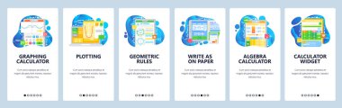 Grafik hesap makinesi, matematik denklemi, geometri figürleri, cebir hesap makinesi, çizim. Mobil uygulama ekranlarda. Web sitesi mobil geliştirme için vektör paneli şablonu. Web sitesi tasarımı illüstrasyonu