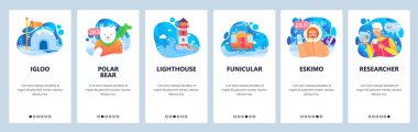 Arktika ve Antarktika simgeleri. Kutup ayısı, kar ve buz, eskimo, eskimo, eskimo kız. Mobil uygulama ekranları. Web sitesi mobil geliştirme için vektör paneli şablonu. Web sitesi tasarımı illüstrasyonu