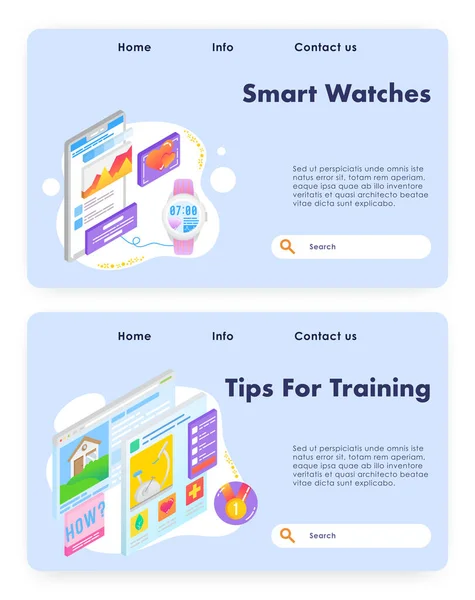 Akıllı saat ve kalp atış hızı takibi. Evde kardiyo eğitim programı var. Fitness aleti teknolojisi. Vektör web sitesi tasarım şablonu. İniş sayfası konsepti çizimi. — Stok Vektör