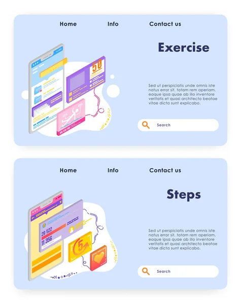 Gezonde levensstijl en sportactiviteiten. Stappen teller en oefening tracking technologie. Vector website ontwerp template. Landing pagina website concept illustratie. — Stockvector