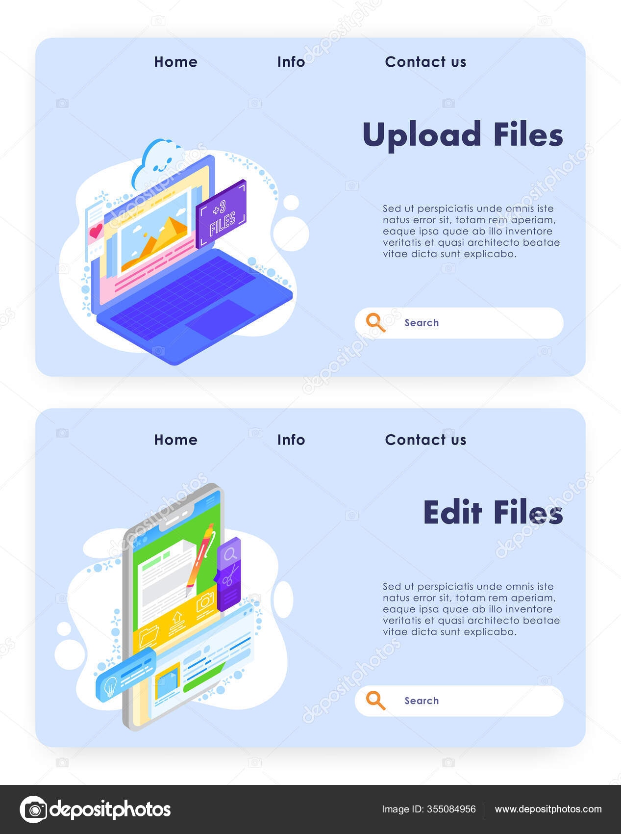 Upload files vector website landing page template set Stock Vector ...