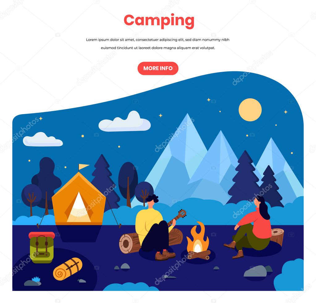 Camping in forest vector web banner template