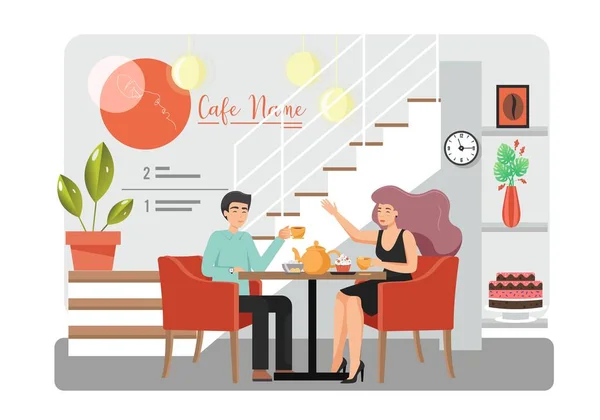 Cute couple in cafe, vector flat style design illustration — Stock Vector