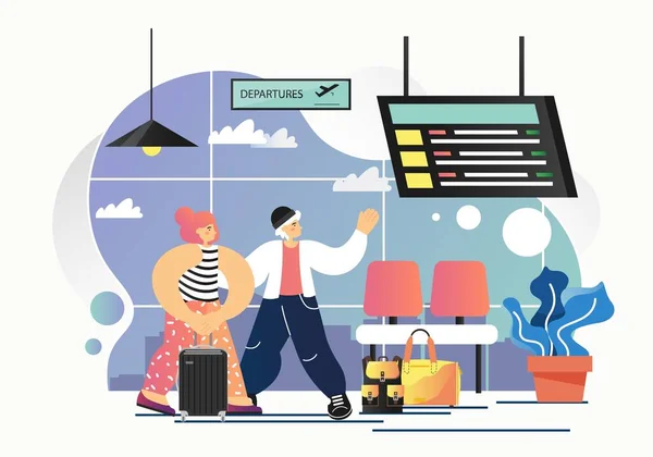 Salón de salida del aeropuerto, ilustración de diseño de estilo plano vector — Vector de stock