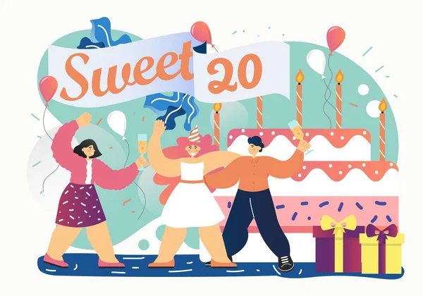 Sweet 20 Geburtstagsfeier, Vektor flachen Stil Design-Illustration — Stockvektor