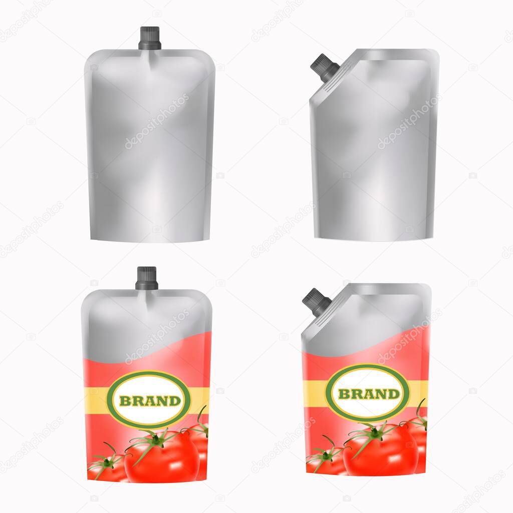 Tomato ketchup stand up pouch mock up set, vector isolated illustration