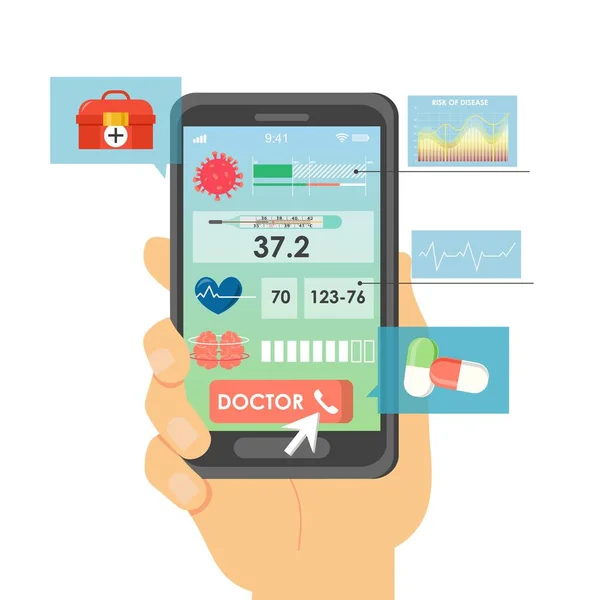 Εφαρμογή ιατρικού ελέγχου Smartphone, διανυσματική επίπεδη απεικόνιση — Διανυσματικό Αρχείο