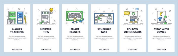 Habit tracking website and mobile app onboarding screens vector template