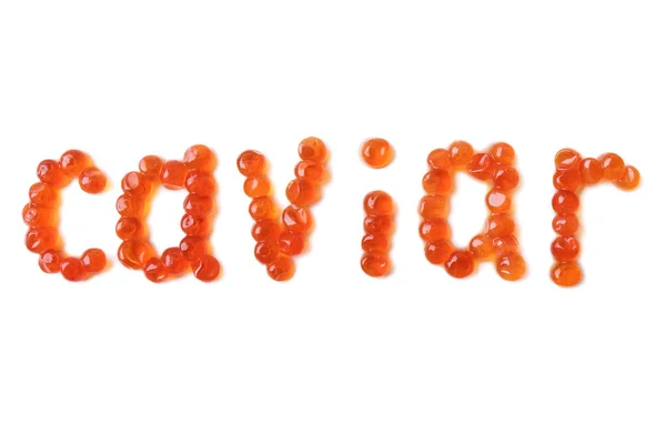 Red caviar eggs inscription on a white background insulated — Stock Photo, Image