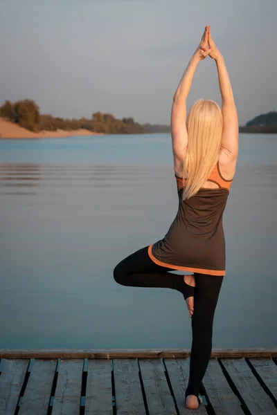 Genç sarışın bir kadın bir ağaç poz gökyüzü yaz aylarında nehir banka gerçekleştirir. Hatha yoga. Vrikshasana