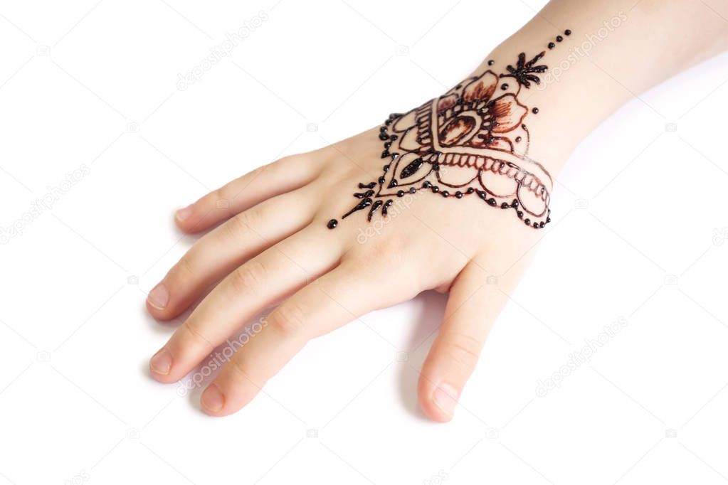 mehendi pattern on female hand on white background