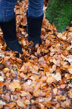 Düşen yapraklar ayakta çizme yakın çekim