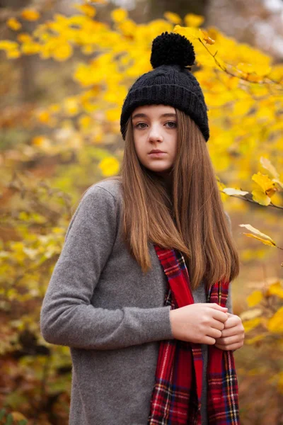 Portrét docela dospívající dívky s podzimní barvy v pozadí — Stock fotografie