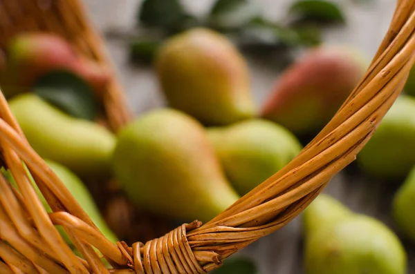 Lot of ripe pears spilled out of a basket — Stock Photo, Image