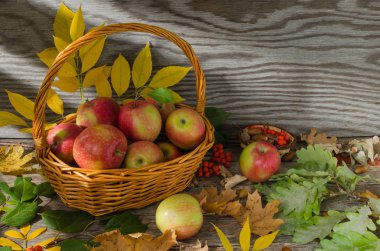 Sonbahar yaprakları ve eski kurulları bir arka plan üzerinde hasır sepet elma