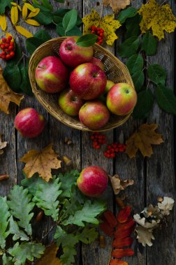 Sonbahar yaprakları ve eski kurulları bir arka plan üzerinde hasır sepet elma